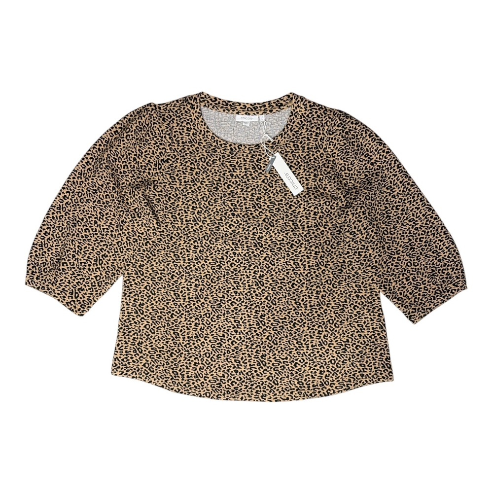 Chicos Zenergy Leopard Print 3/4 Puff Sleeve Top Tan Black Size 3 XL NEW